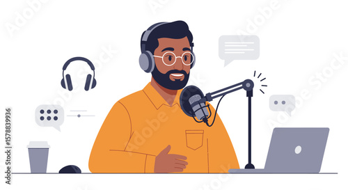 Podcast Host with Headphones and Microphone in Orange Shirt Illustration.