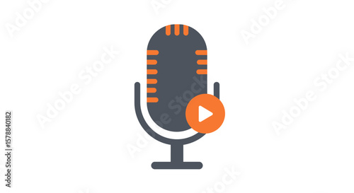 Gray Microphone with Orange Accents and Play Button Podcast Icon.