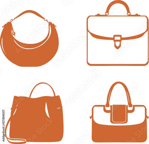 Minimalist Bag Silhouette Quartet Featuring Crescent Handbag, Buckled Briefcase, Long-Strap Tote, and Flap-Top Structured Purse—Celebrating Functionality, Style Diversity, and Contemporary Design 