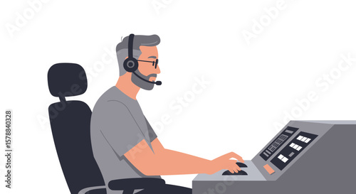 Man with Headset Operating Control Panel Wearing Glasses Gray Hair and Beard.