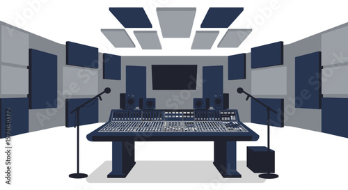 Professional Audio Mixing Console in a Soundproofed Recording Studio Environment.