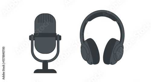 Dark Gray Microphone and Headphones Illustration for Audio Recording.