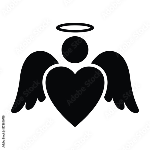 A black heart with angel wings and halo isolated on white background symbolizes divine love and protection