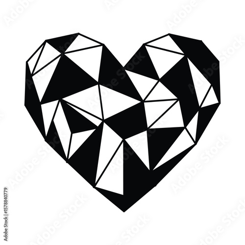 A geometric black heart isolated on white background represents modern love and complex connections
