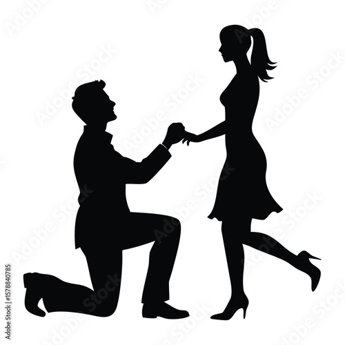 Elegant black silhouette of a man proposing with a ring to a woman, perfect for wedding, love, or engagement-themed artwork.