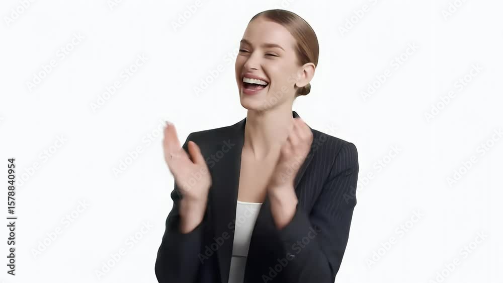 Happy businesswoman in a black blazer clapping her hands Happy businesswoman in a black blazer clapping her hands