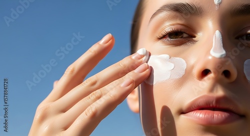 Close-up of a woman applying sunscreen to her face under bright sunlight.