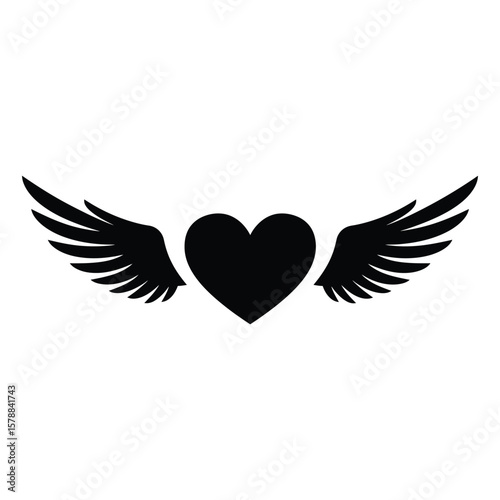 A black heart with wings is isolated on white background, symbolizing freedom and love