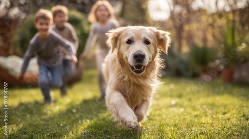 Happy family with children and golden retriever playing in sunny garden on International Dog Day, blurred background, natural light joy.