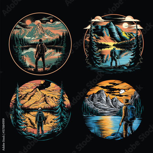 Hiker admiring mountain lake sunset backpack