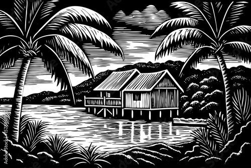 Tropical island villa on stilts over turquoise lagoon with palm roofs and sunset background, rendered in stunning black and white line art illustration for vacation, beach, and tourism visual