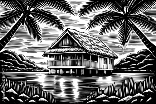 Tropical island villa on stilts over turquoise lagoon with palm roofs and sunset background, rendered in stunning black and white line art illustration for vacation, beach, and tourism visual
