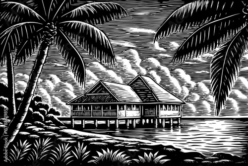 Tropical island villa on stilts over turquoise lagoon with palm roofs and sunset background, rendered in stunning black and white line art illustration for vacation, beach, and tourism visual