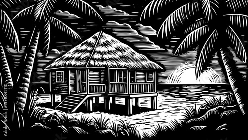Tropical island villa on stilts over turquoise lagoon with palm roofs and sunset background, rendered in stunning black and white line art illustration for vacation, beach, and tourism visual