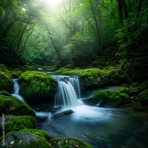 Serene waterfall cascading over mossy rocks in a lush green forest. Peaceful nature landscape for travel, environment, and relaxation concepts.