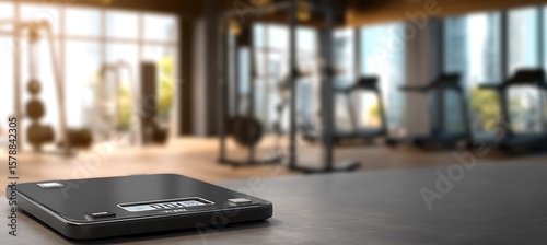 Digital weighing scale shown right, fitness backdrop blurred, clean space left 