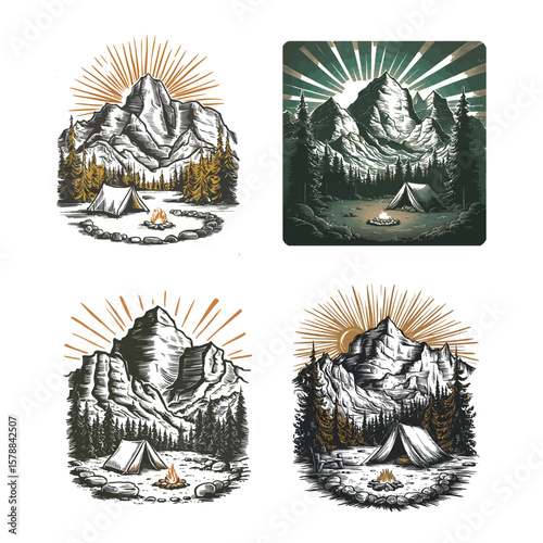 Mountain camping scene with campfire and tent forest