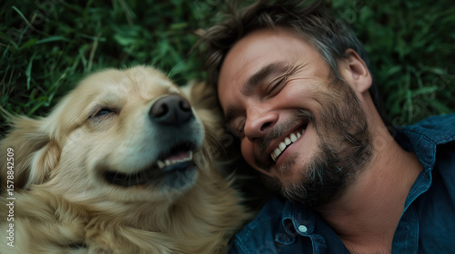 Happy man with yellow Labrador relaxing on summer grass, scenic outdoor bonding