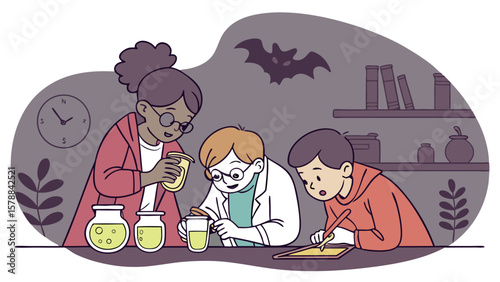 Children conducting a science experiment with beakers and a bat shadow on the wall in a classroom setting