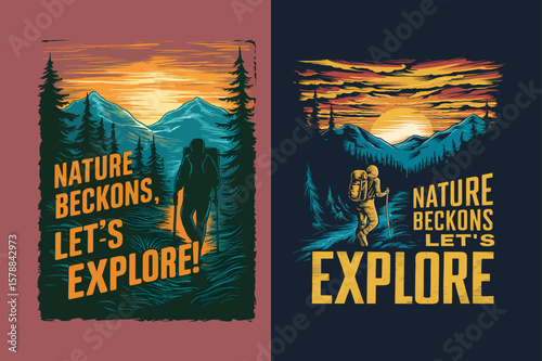 Hiker exploring mountains at sunset hiking trees