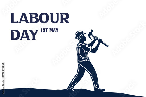 Silhouette of Strong Construction Worker with Hammer and Gear Icon Vector 1st may labour day