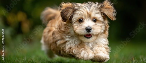 Golden Havanese puppy running joyfully in sunny English garden, International Pet Day, playful outdoor scene, natural light, green grass