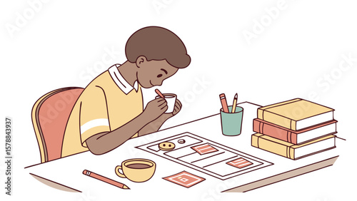 A student is sitting at a desk, drinking coffee, and working on a design project with books nearby