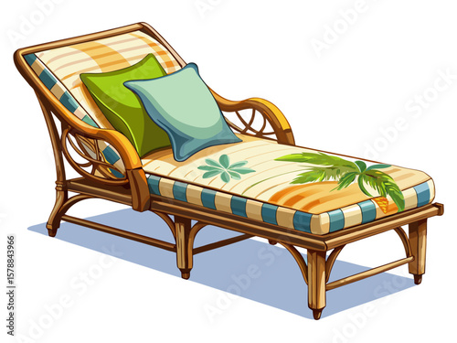 vector of Rattan chaise longue chair with soft cushions on white isolated background
