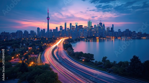 Aerial View of Toronto Skyline with Light Trails on Highway Over Lake at Dusk in Panoramic Shot 