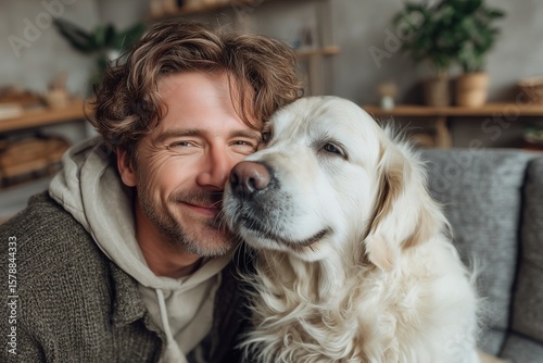 Happy Man with Dog Sharing Love on Couch in Cozy Living Room, Natural Light Warmth