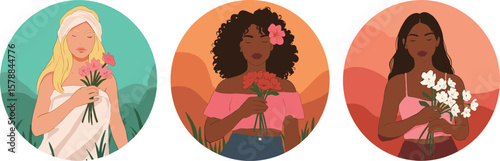 Beautiful women holding flowers, self care, nature beauty, floral concept, diversity illustration, relaxing moment, peaceful scene, mindfulness art, vector