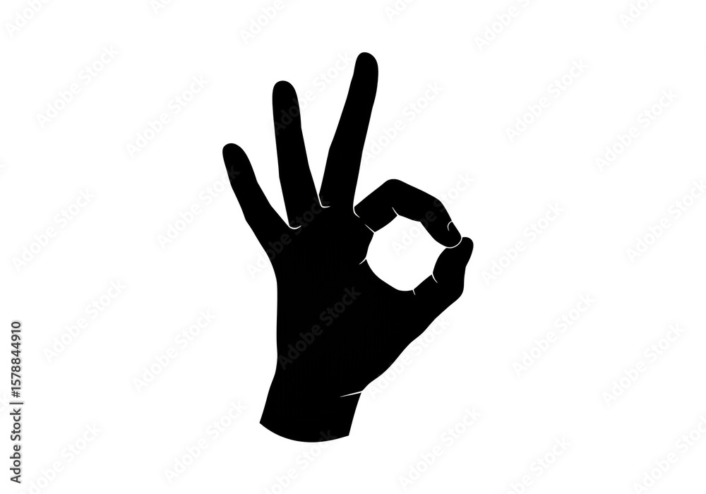 Fototapeta premium A black silhouette of a hand making the ok gesture against a plain white background with fingers up