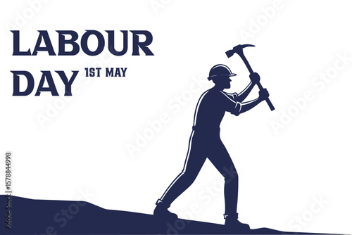 Silhouette of Strong Construction Worker with Hammer and Gear Icon Vector 1st may labour day
