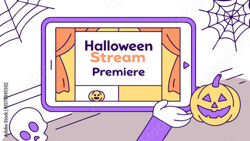 Halloween stream premiere on a tablet with a pumpkin, skull, and spider web decorations shown around it