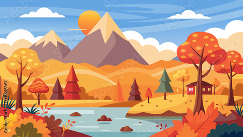 Cozy cabin nestled in a vibrant autumn landscape with mountains and a lake
