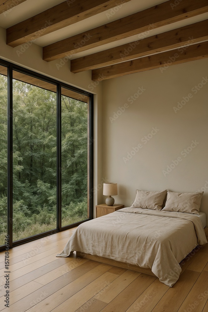 Fototapeta premium Modern minimalist bedroom with panoramic forest view and natural light