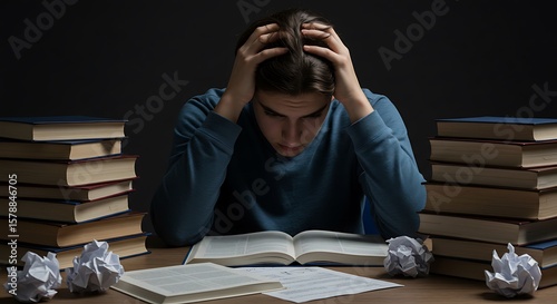 A stressed student buried in books and facing academic pressure