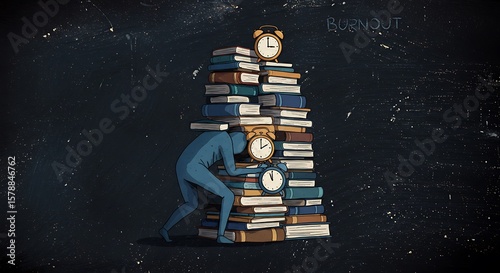Overwhelmed by the sheer volume of books and deadlines, a blue figure struggles under the weight of a massive stack, alarm clocks ticking relentlessly