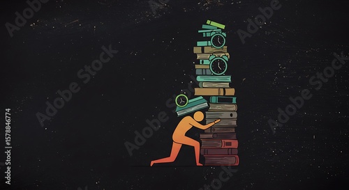 Overwhelmed by excessive knowledge and information, a person struggles under the weight of a massive stack of books and clocks