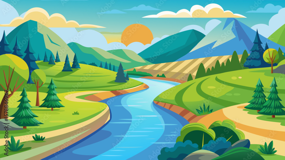 Fototapeta premium Vibrant cartoon landscape with winding river rolling hills and mountains at sunset