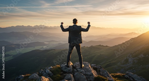 Businessman Standing Victorious on Mountain Peak at Sunset