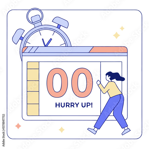 Illustration of a clock above a calendar with the word hurry up and a person walking near it