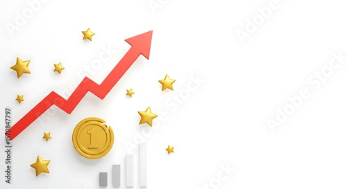 Business Growth Concept with Red Arrow, Gold Coin, and Stars