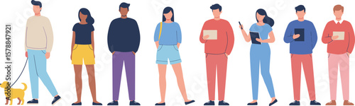 Diverse group of people standing together, casual clothing, multicultural community, modern lifestyle, holding devices, walking dog, digital generation concept