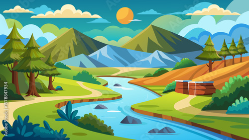 Vibrant cartoon landscape with a winding river green hills and majestic mountains