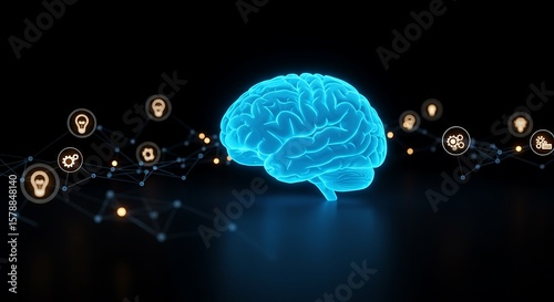 A realistic 3D rendering of a human brain with a network of glowing lines connecting to various idea and user icons