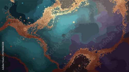 Elegant abstract watercolor background with gold glitter accents in teal and brown tones.