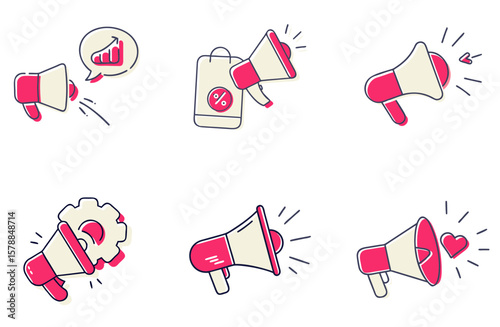 Collection of cartoon megaphones with various icons, representing marketing and promotion.