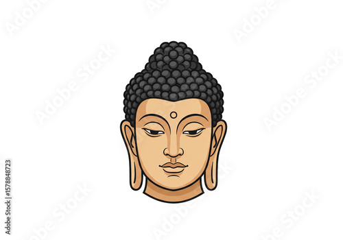 Illustration of buddha head with black hair and a white dot on the forehead on a white background