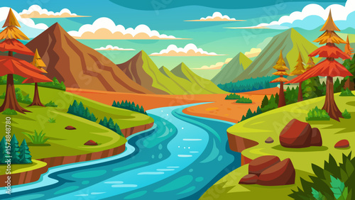 Vibrant cartoon landscape with a winding river and colorful mountains